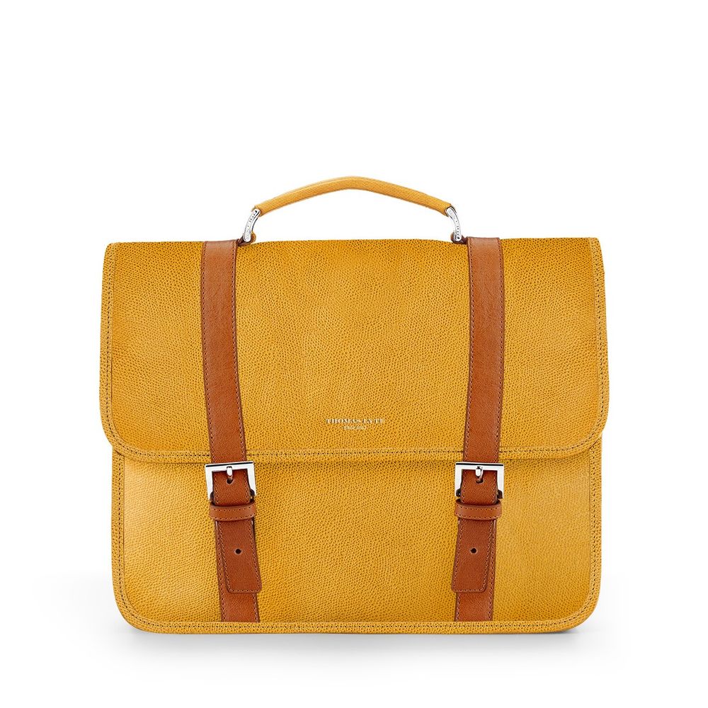 Modern briefcase for man and woman made from high quality materials in color Mud Mustard