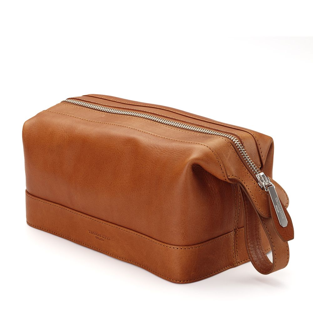 Wash Bag Smooth Leather Tan | Personalised Travel Kit - Thomas Lyte