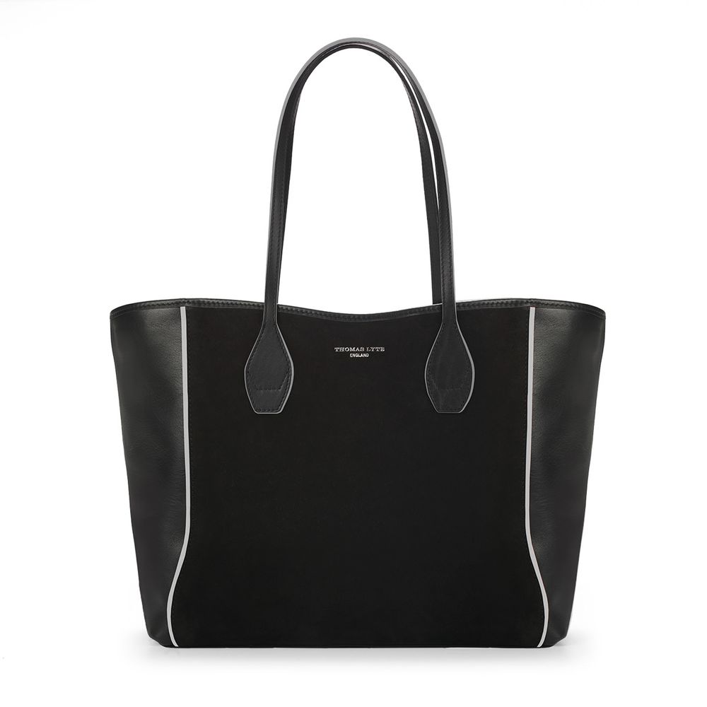 Olivia Tote Bag Smooth Leather Black with White Trim | Bags - Thomas Lyte